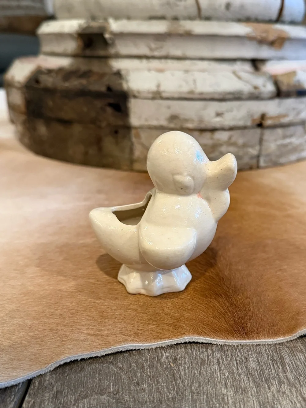 Miniature Vintage Ceramic Duck Planter in Cream - Decorative Home Accent